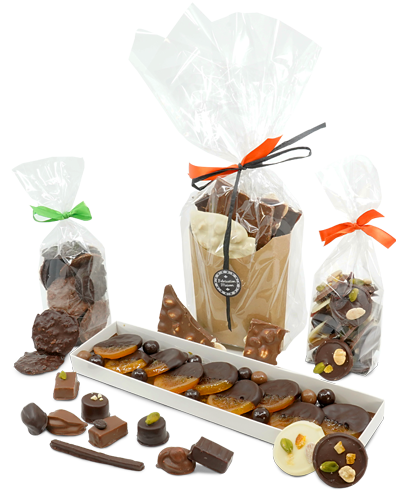 Chocolats, tuiles et mendiants en vente dans la boutique