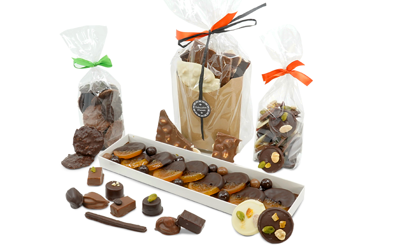 Chocolats, tuiles et mendiants en vente dans la boutique